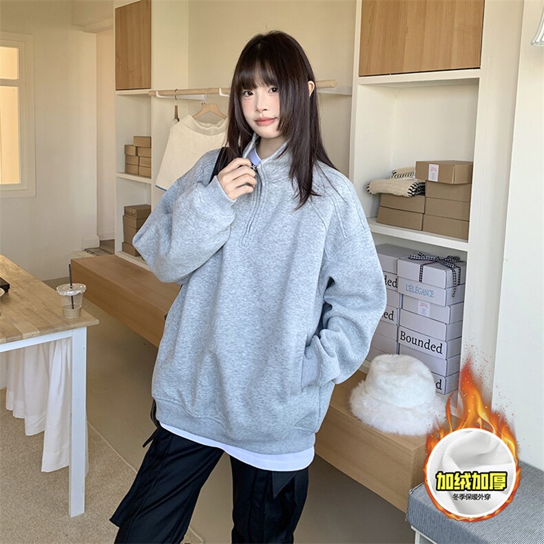 480G重磅加绒硬挺boxy男女秋冬美式高街结构半拉链立领卫衣厚外套,女装短外套,电商A486