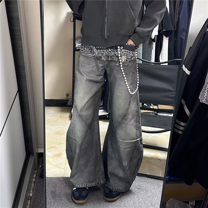 设计感高街腰带印花牛仔裤男女小众美式复古弯刀裤松弛感镰刀裤潮,男装牛仔裤,四季星座505