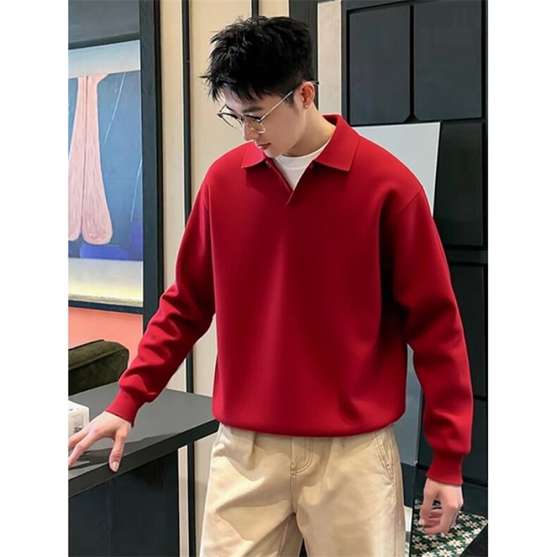 春秋冬纯色无扣翻领polo衫罗纹针织长袖安哥拉红色毛衣 MD692图片