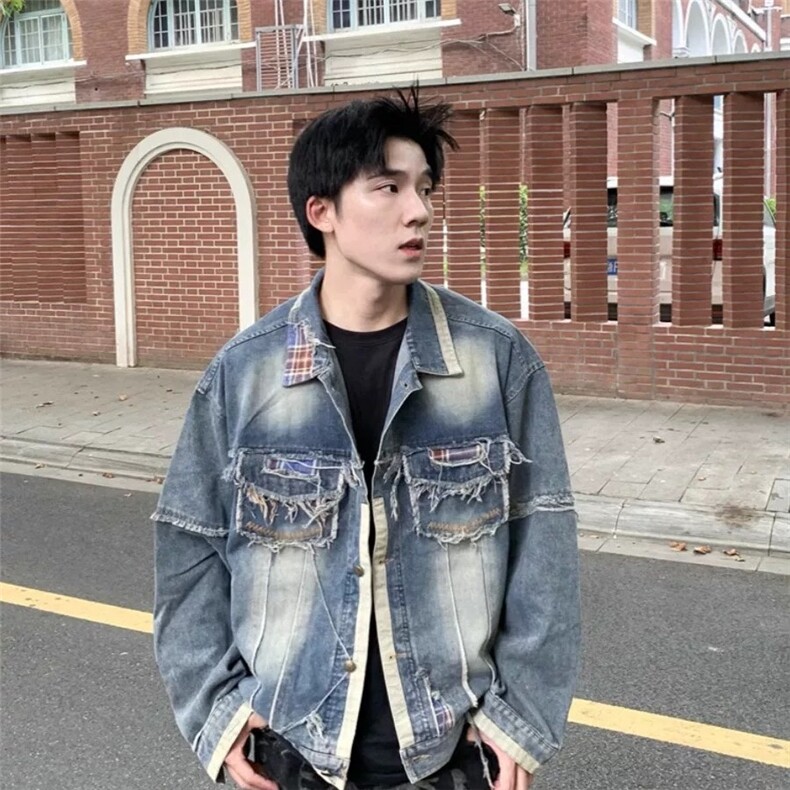 美式高街做旧设计感拼接毛边牛仔夹克春秋季宽松小众潮牌情侣外套图片