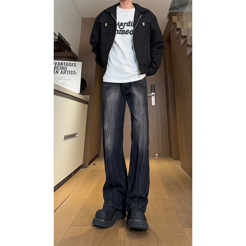 现货秋冬美式黑色渐变裤子男竹节纹直筒牛仔裤女K657-P50控68,男装牛仔裤,星座205-5