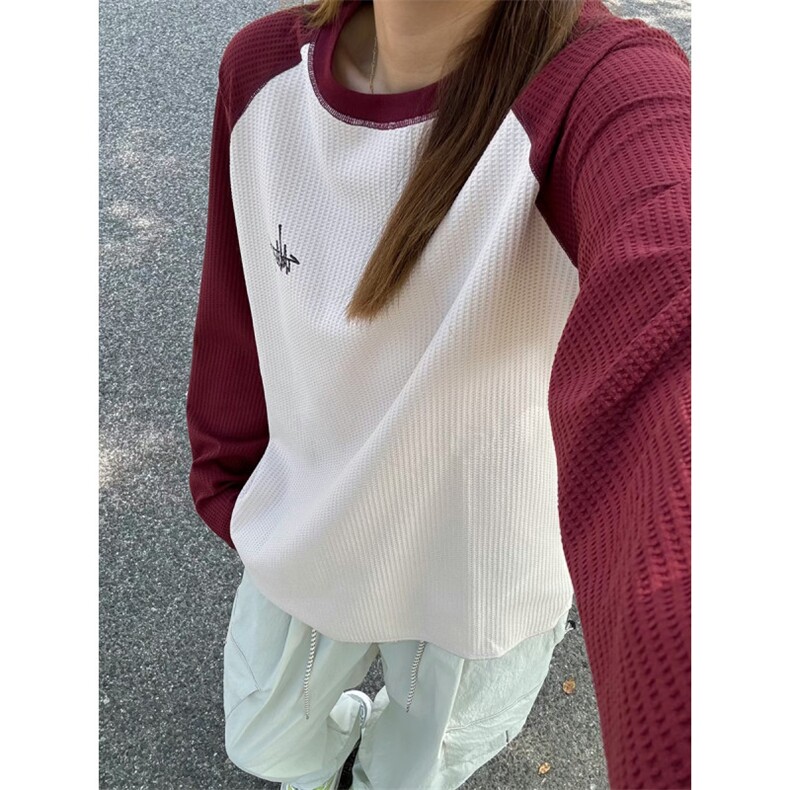 美式拼接华夫格卫衣女款秋季潮牌圆领长袖t恤cleanfit内搭打底衫,男装T恤,电商C310