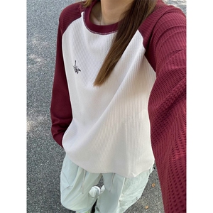 美式拼接华夫格卫衣女款秋季潮牌圆领长袖t恤cleanfit内搭打底衫图片