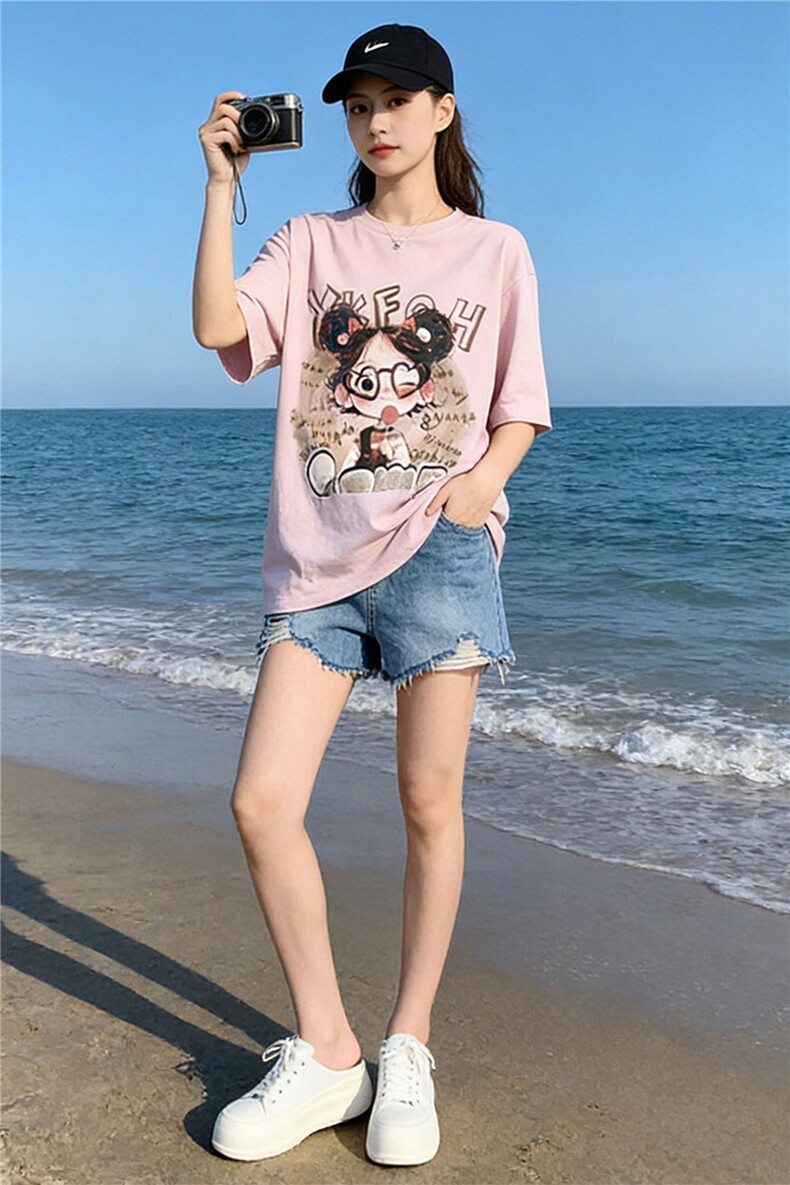 盐系穿搭休闲时尚套装女夏新款设计感圆领印花短袖牛仔短裤两件套,女装套装/套裙,江南