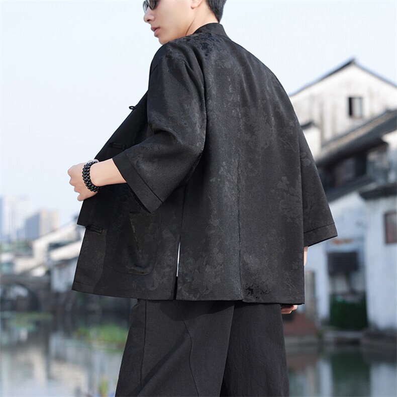2025夏季风立领提花七分袖衬衫宽松大码上衣CS2502-P7088,男装衬衫,电商A008