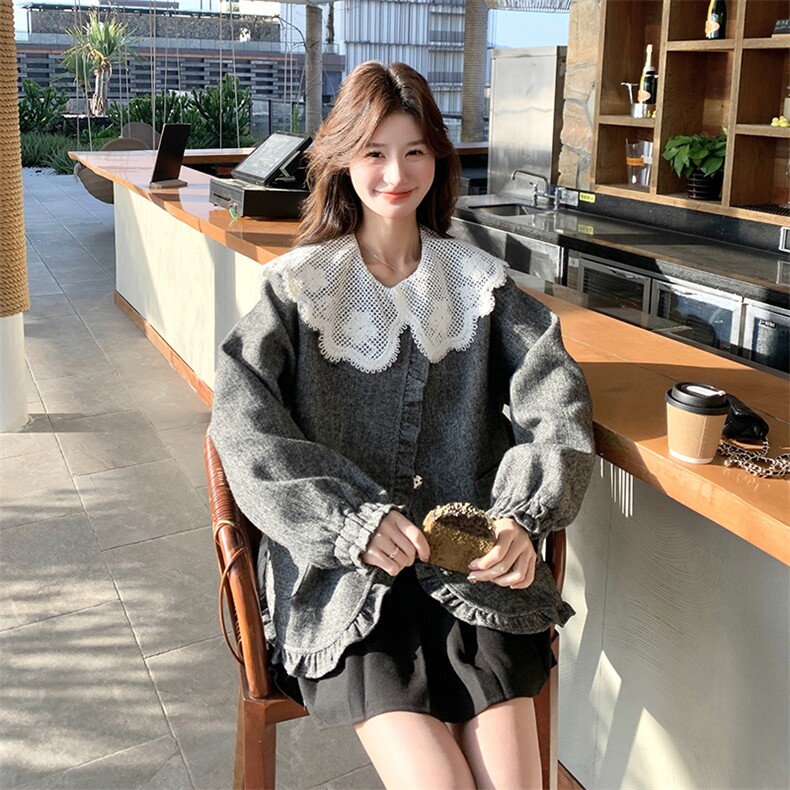 秋装现货蕾丝钩复古花毛织木耳边韩式短外套2C239-H50-P160K258,女装短外套,2C239