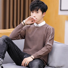 家乐6774衬衫领假两件男潮流针织线衫长袖薄圆领套头打底毛衣，男装针织衫/毛衣，电商D310（原电商305）