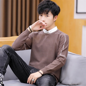 家乐6774衬衫领假两件男潮流针织线衫长袖薄圆领套头打底毛衣图片