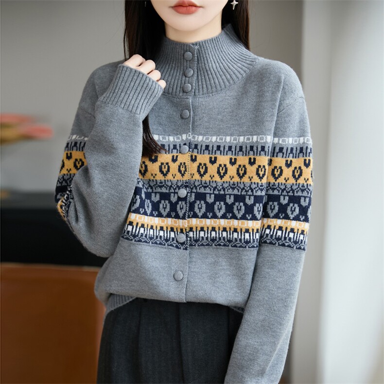 2026年秋季时尚百搭通勤简约休闲心形提花开衫，女装针织衫/毛衣，源达羊绒
