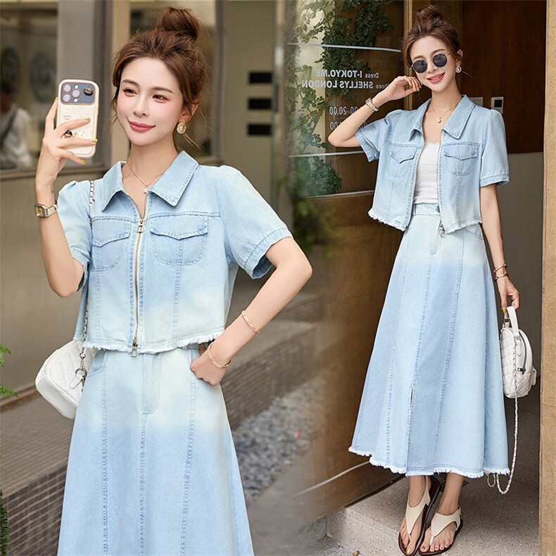 现货牛仔套装女夏季2025新款高级感显瘦遮肚子减龄半身裙两件套，女装套装/套裙，然然