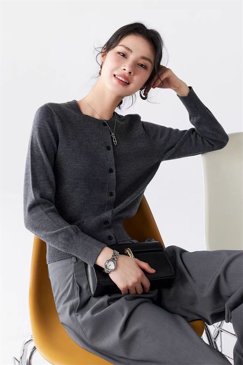 时尚百搭纯色羊毛针织开衫女秋季新款修身显瘦长袖外套,女装羊毛衫,旭驰羊绒
