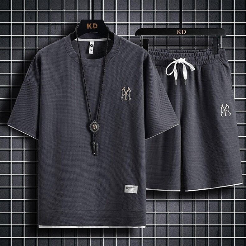 7538-P55华夫格套装男士夏季薄款大裤衩短袖短裤休闲跑步运动套装,男装牛仔裤,电商D310B-1
