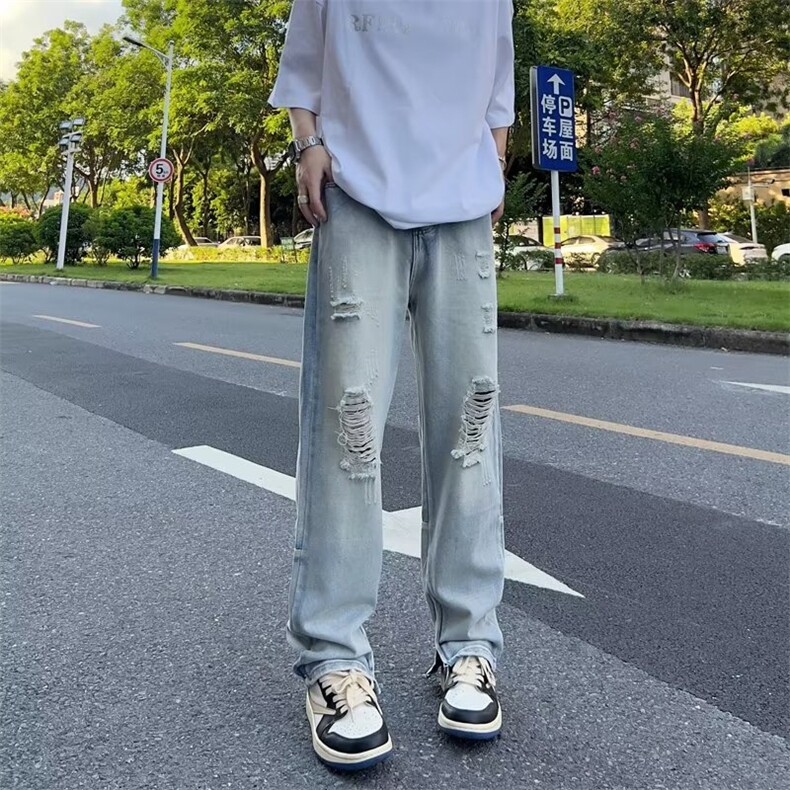 1506-1/K9951/P45复古高街破洞牛仔裤长裤修身小脚牛仔裤男ins,男装牛仔裤,星座1506-1