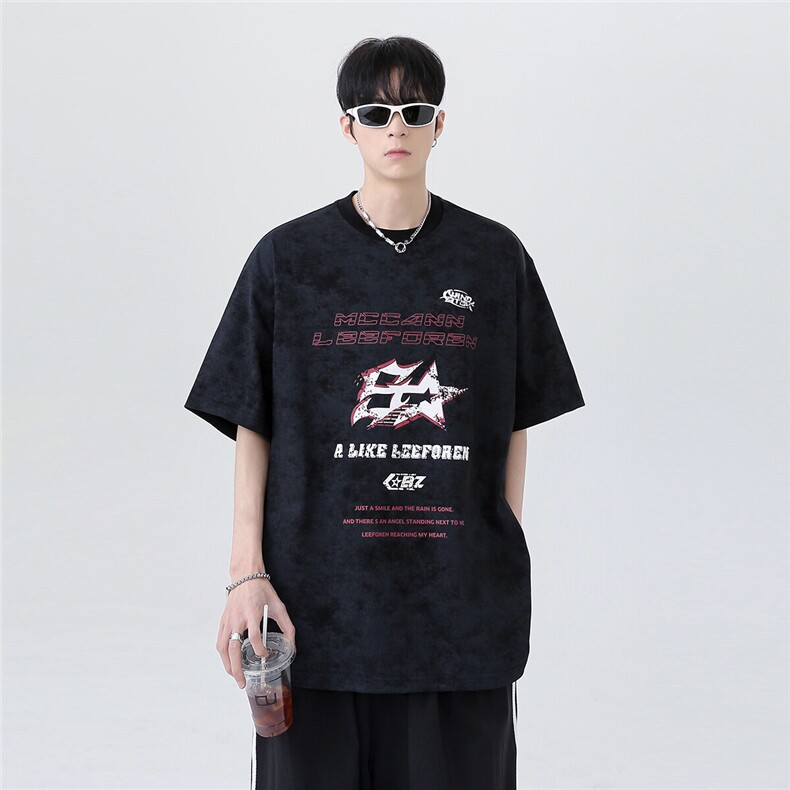 美式水洗做旧喷脏设计短袖T恤男女宽松情侣上衣T709-p28,男装T恤,电商C307