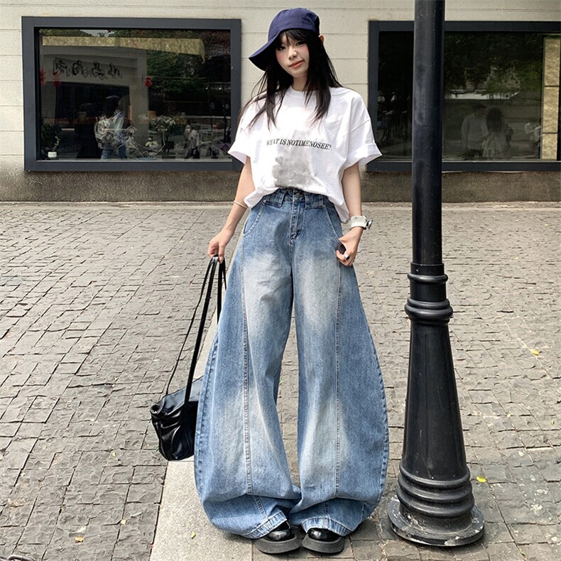 阔腿弯刀牛仔裤女夏季美式高街设计感宽松垂感镰刀裤YD9006-P60，男装牛仔裤，星座509