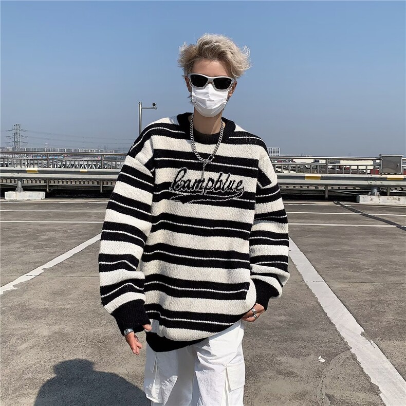 条纹毛衣日系慵懒复古男士针织衫秋冬季新款外套高级感线衣服,男装针织衫/毛衣,星座716-2