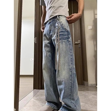 设计水洗蓝色牛仔裤男款美式潮流休闲百搭宽松直筒长裤WL7798-P50，男装牛仔裤，星座1008