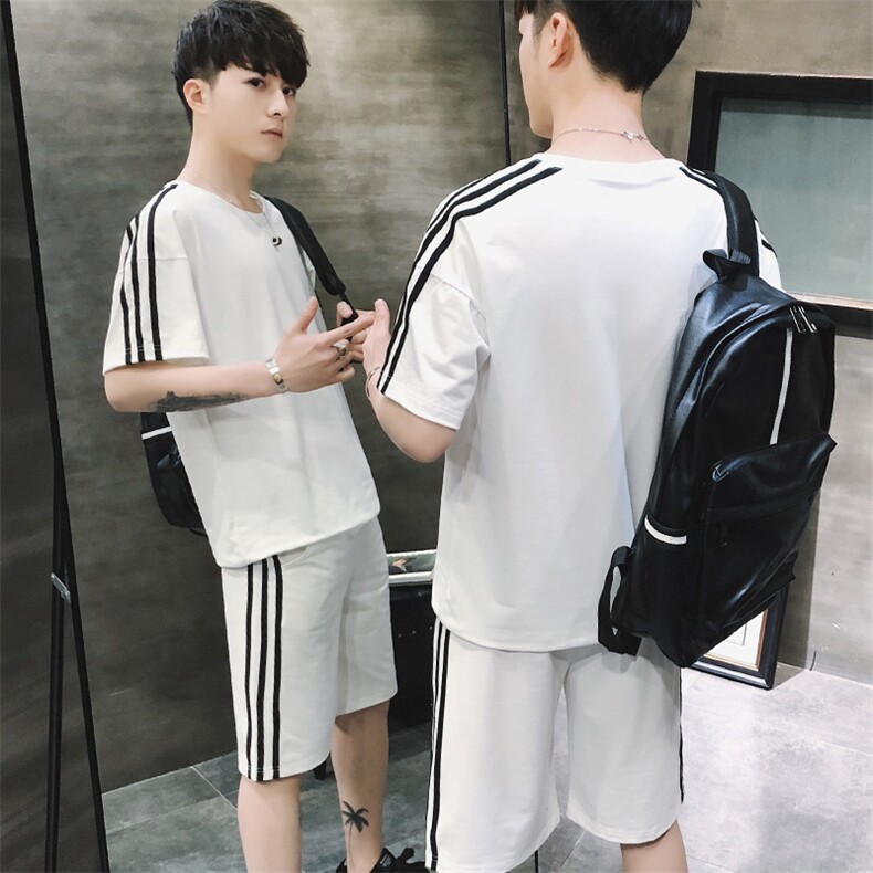套装条纹圆领插肩袖2021年青春活力青春流行夏季短袖薄款宽松运动运动体育，男装套装，电商A441