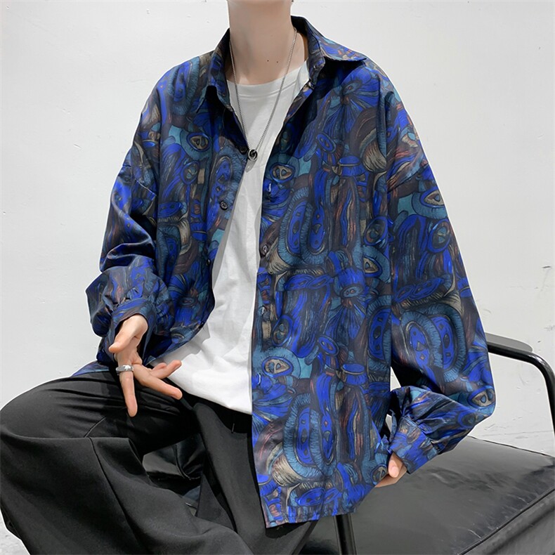 港风衬衫ins复古油画印花衬衣宽松设计感小众上衣外套W1321-P28,男装衬衫,星座512-2