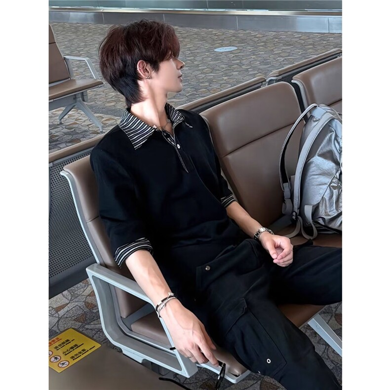 S234韩系学院风假两件Polo衫短袖t恤华夫格拼接格纹宽松撞色上衣，男装T恤，星座308A-1（原309B-1）