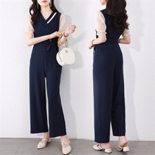 新款夏季淑女气质穿搭时尚洋气时髦显瘦阔腿连体连衣裤套装女纱网，女装连体裤，韩蔻秀