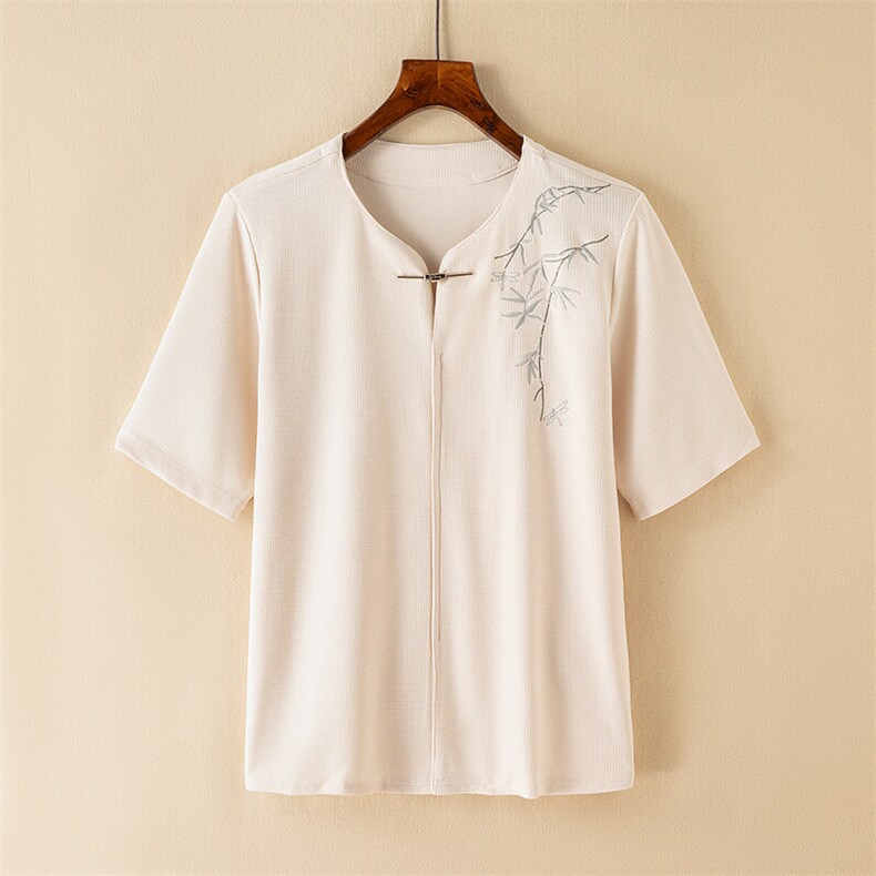 新中式金属扣风潮T恤短袖上衣竹子刺绣汉服时尚T2410-P55图片