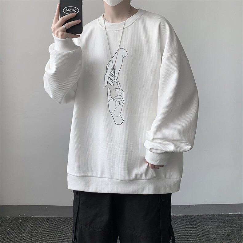华夫格卫衣圆领卫衣男大码长袖t恤男外套HW76147-P30加绒款-P40,男装卫衣,电商A040