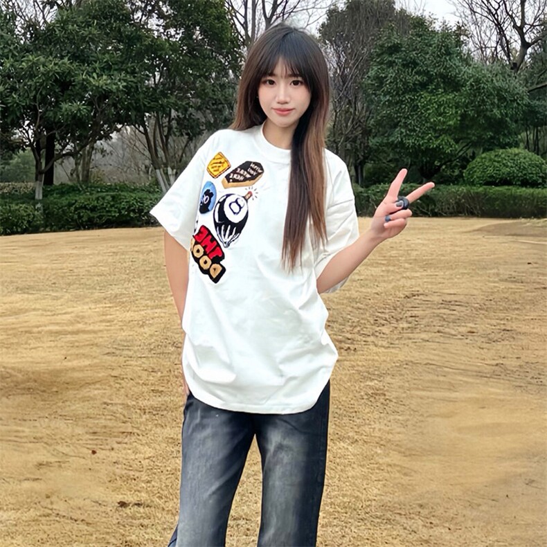 万针全刺绣工艺得物抖音高品质260克纯棉双纱美式高街短袖T恤P33,男装T恤,电商A486