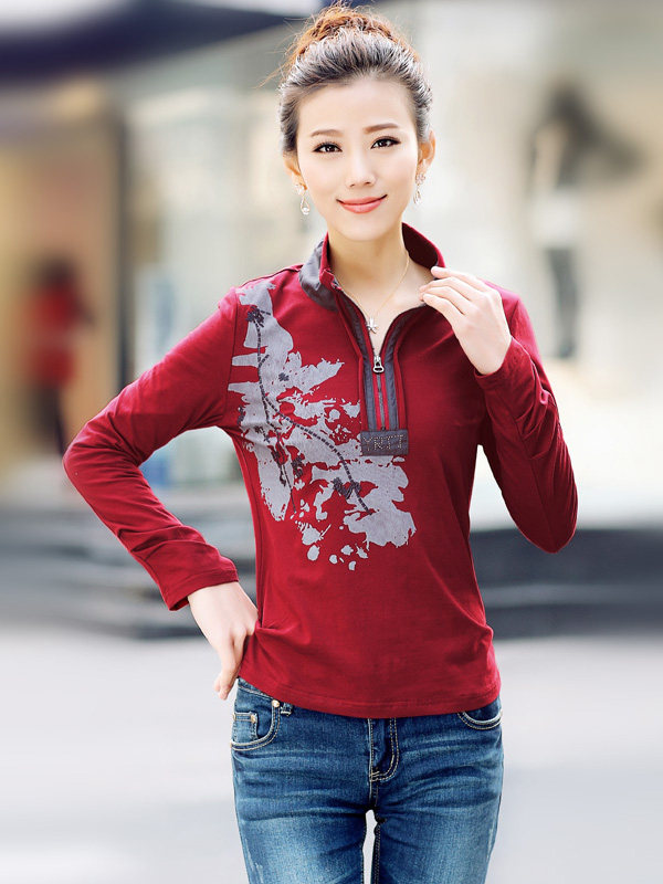 时尚印花长袖T恤女修身显瘦半高领上衣舒适百搭秋装新款,女装T恤,丽影随形
