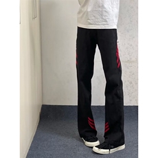 斜杠三条纹红黑撞色拼接休闲长裤子小众直筒牛仔裤K71306-P36网图，男装牛仔裤，电商B245