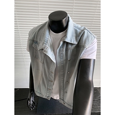 宽松无袖翻领百搭上衣简约基础款街头风复古牛仔马甲HY909P55控89，男装背心/马甲，电商A102B