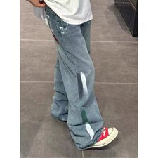 美式水洗做旧破洞街头涂鸦牛仔裤泼墨显瘦拖地直筒裤男LA6200-P45，男装牛仔裤，星座1008