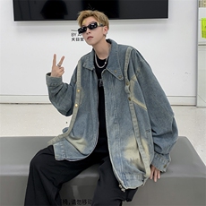 美式潮牌水洗做旧拼接工装翻领牛仔夹克男ins潮流外套JK2-P75，男装夹克，星座308B-1