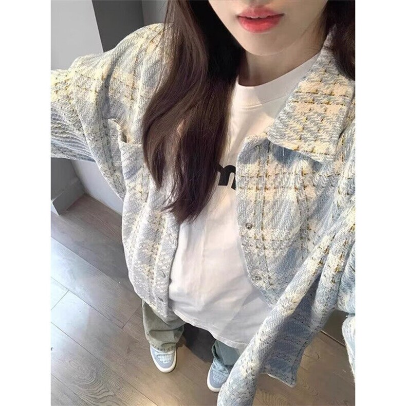 翻领格纹小香风外套女春秋季新款小众清新休闲夹克上衣 JF016图片