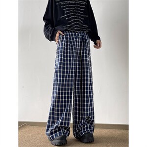 美式高街潮牌男女泡泡格子休闲裤直筒宽松慵懒显瘦阔腿休闲长裤子图片