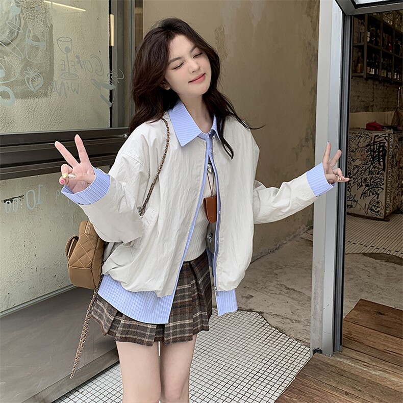 假两件条纹翻领拼接白色外套女春季2025新款韩版百搭工装夹克上衣，女装短外套，辉之琳
