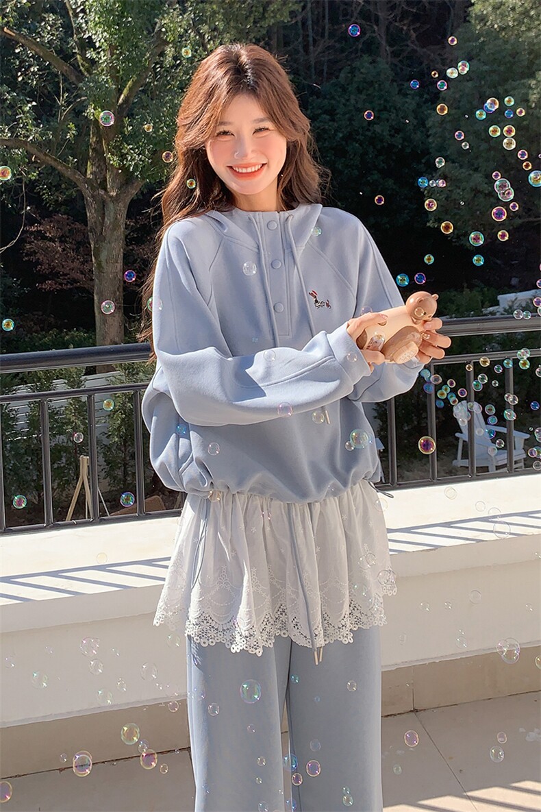 现货--蕾丝边拼接蓝色卫衣运动套装女春秋2025新款两件套,女装套装/套裙,帛锦泉