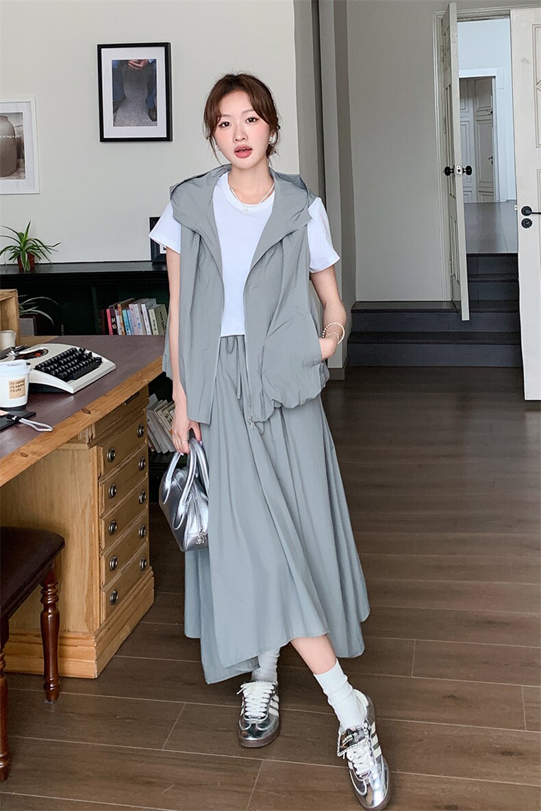 韩版休闲三件套装女夏季2025新款时尚连帽马甲不规则半身裙套装裙,女装套装/套裙,辉之琳