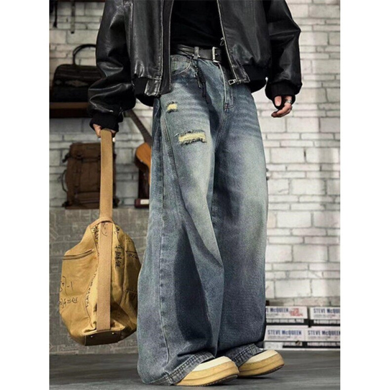 春秋廓形弯刀破洞牛仔裤男美式复古废土风做旧阔腿直筒裤NK32，男装牛仔裤，星座1116A（原606A-3）