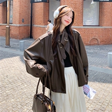 美式复古咖色短款机车服外套女春秋超火好看高级小众皮衣夹克上衣，女装皮衣，2C218