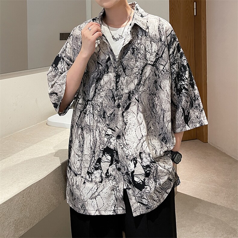 夏季豹纹短袖衬衫男女ins五分袖冰丝衬衣夜店潮A071-C59-P38，男装T恤，电商A071
