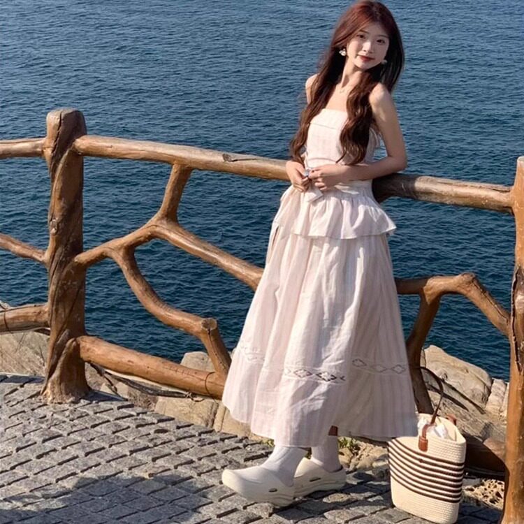 2025夏日海边度假风抹胸蝴蝶结系带气质连衣裙女学生收腰显瘦长裙,女装连衣裙,星座1210-1