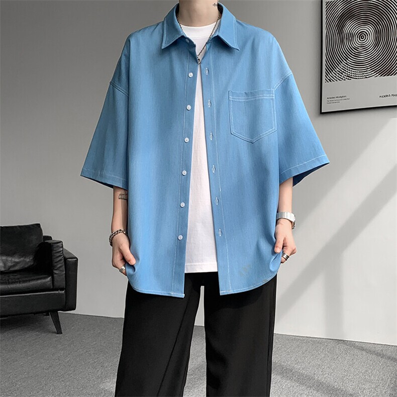 8XL-M 冰丝牛仔短袖衬衫男款夏季薄款宽松慵懒衬衣外套DC28006P60图片