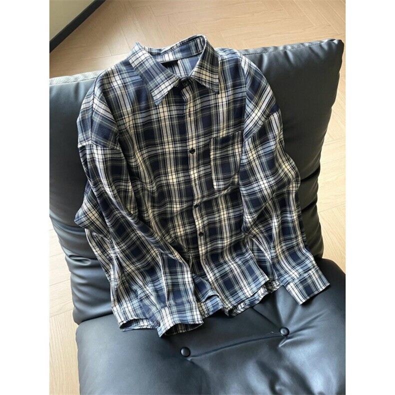 藏蓝色格子衬衫男长袖美式复古格纹衬衣高级感cleanfit情侣装外套,男装衬衫,星座1007（原301D）