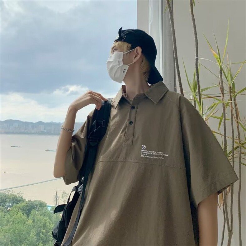 夏季潮牌宽松休闲情侣纯色翻领工装上衣日系复古POLO衫T1125-P33,男装Polo衫,星座512-3