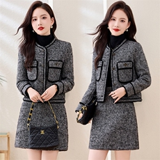 红色小香风套装裙女秋冬2024新款小个子毛呢短款外套半身裙两件套，女装套装/套裙，香水丽阁