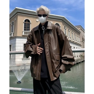 港风街头百搭棕色皮衣男美式复古潮牌痞帅翻领皮夹克 W7891-P66图片