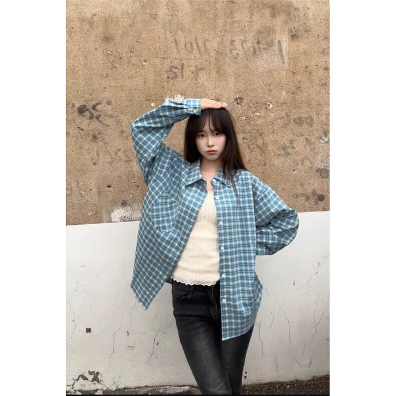 TC609-P45复古格子长袖衬衫女夏季慵懒风开衫polo领口格纹衬衣,女装衬衫,星座617A-2