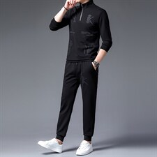 2023春秋季套装中年人休闲两件套商务立领印花长袖卫衣男上衣服，男装休闲套装，电商B212（原钱塘6029）