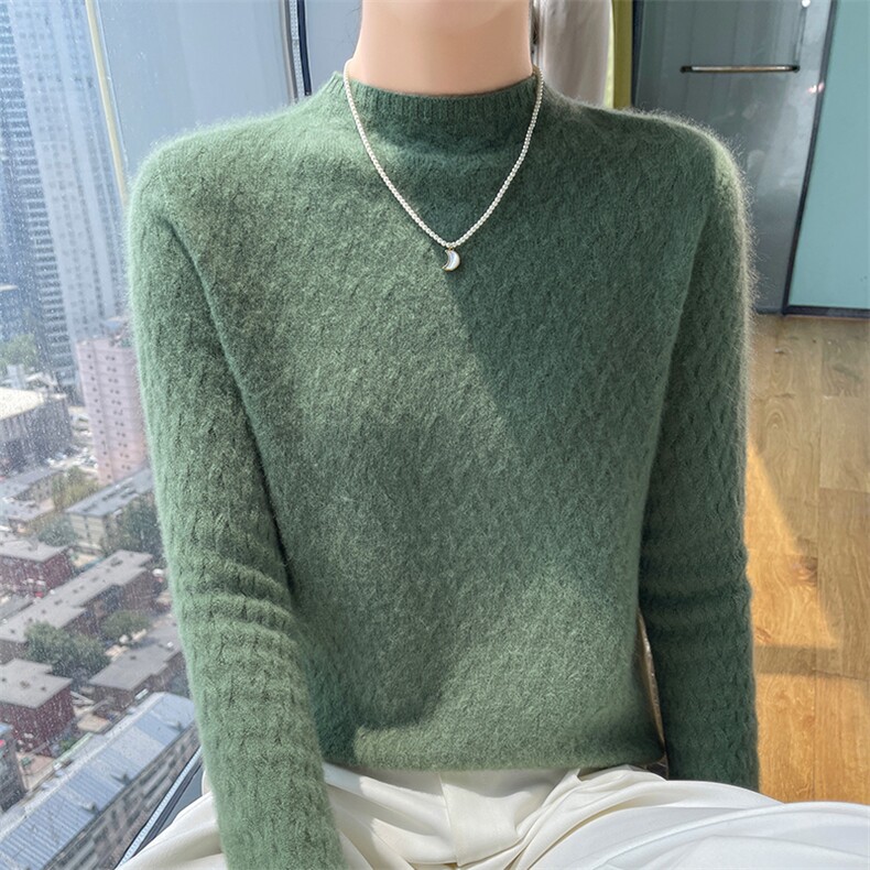 秋冬季新款舒适时尚百搭一线绞花小波纹半高领羊毛衫,女装羊毛衫,美轩羊绒
